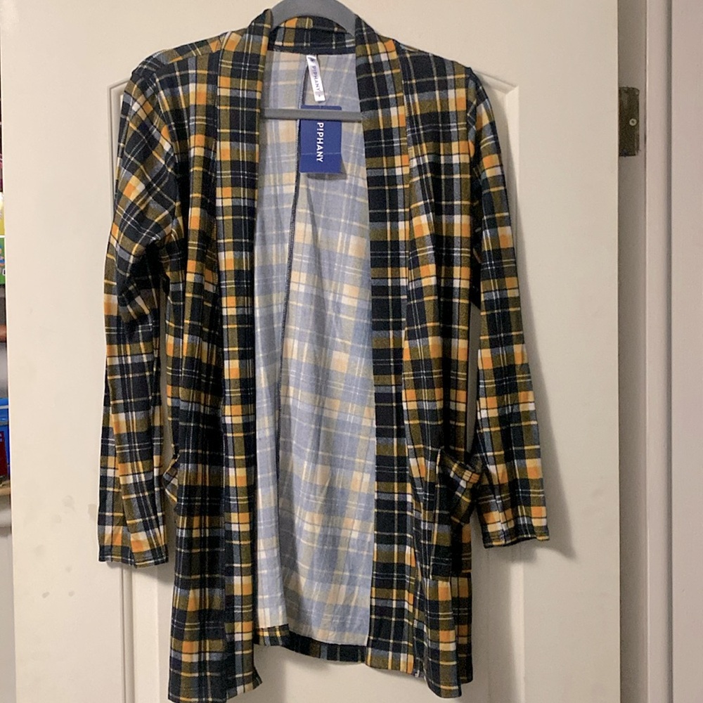 Size 2. Light weight cardigan.  Made by Piphany
 Yellow and Black plaid